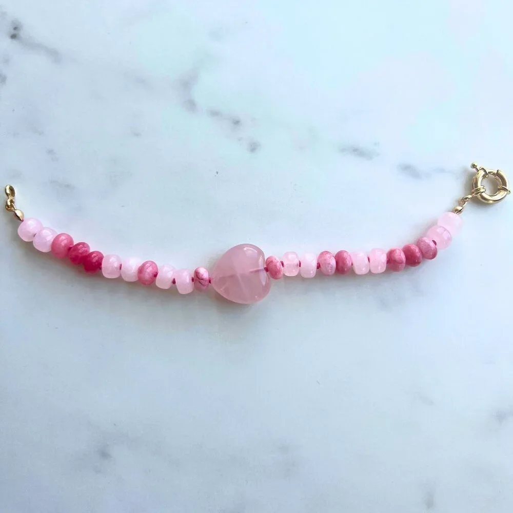 Pink Jade  Rose Quartz Heart Gemstone Bracelet Handcrafted Gold Filled Clasp
